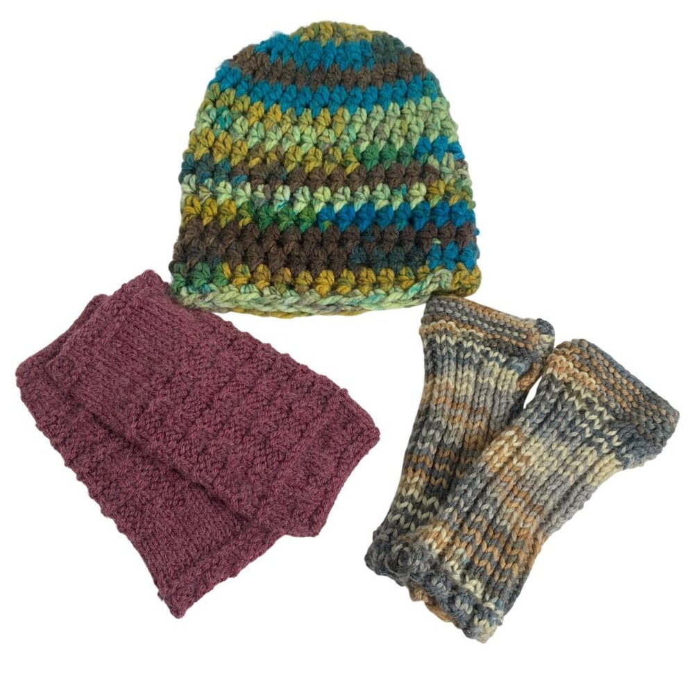 Homemade Multicolor Crochet Hat + Two Pairs Of Hand-Knit Fingerless Gloves